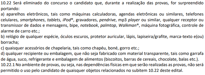 itens proibidos na prova realizazada pela banca CESPE